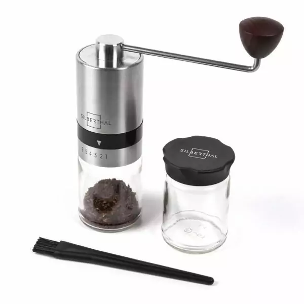 100506 - Kaffeemühle manuell aus Edelstahl und Glas mit hochwertigem Kegelmahlwerk - mit Zubehör