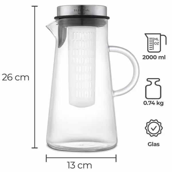 100502 - Hitzebeständige 2 Liter Glaskaraffe mit Fruchteinsatz und Deckel - Dimensionen