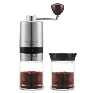 100506 - Kleine Kaffeemühle von Silberthal aus Edelstahl und Glas mit hochwertigem Kegelmahlwerk