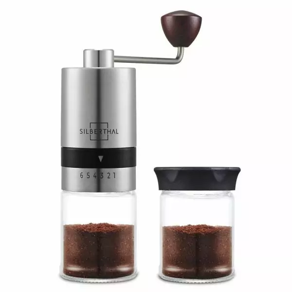 100506 - Kaffeemühle manuell aus Edelstahl und Glas mit hochwertigem Kegelmahlwerk