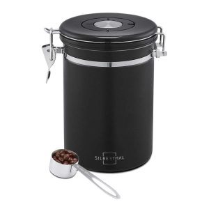 100501 - Luftdichte Kaffeedose in schwarz mit Aromaventil aus Edelstahl mit einstellbarer Datumsanzeige für 500g