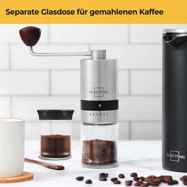 100506 - Kaffeemühle manuell aus Edelstahl und Glas mit hochwertigem Kegelmahlwerk - Glasdose