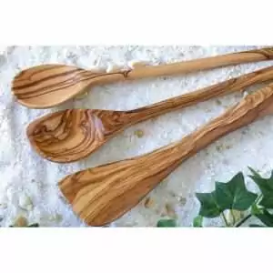 100414 - Kochlöffel Set Olivenholz 5 Stück aus Pfannenwender, Kochlöffel rund + eckig und Salatbesteck - Pfannenwender und Kochlöffel