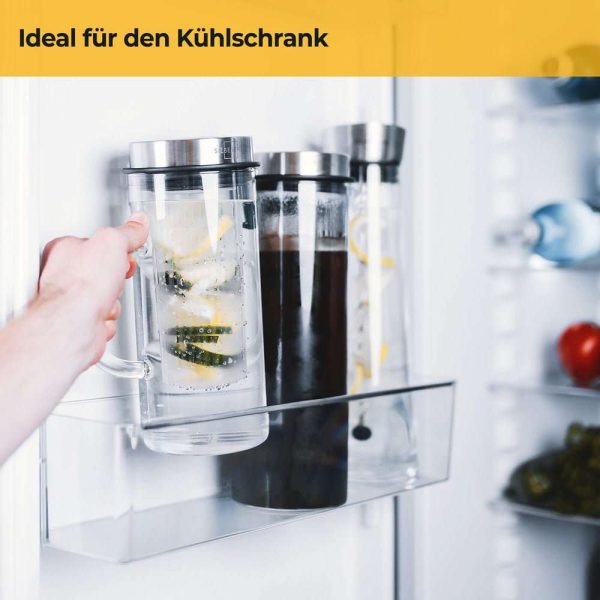 100503 - Hitzebeständige 1 Liter Glaskaraffe mit Fruchteinsatz und Deckel - Kühlschranktür