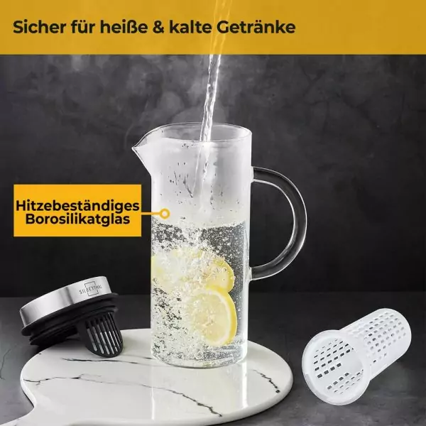 100503 - Hitzebeständige 1 Liter Glaskaraffe mit Fruchteinsatz und Deckel - heiße und kalte Getränke