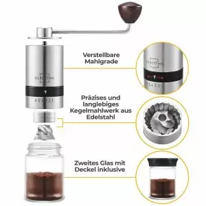 100506 - Kaffeemühle manuell aus Edelstahl und Glas mit hochwertigem Kegelmahlwerk - Details