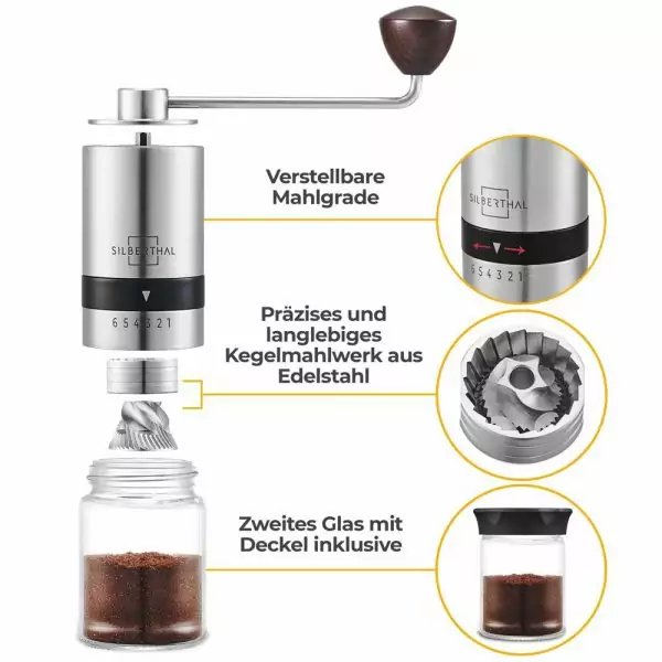 100506 - Kaffeemühle manuell aus Edelstahl und Glas mit hochwertigem Kegelmahlwerk - Details