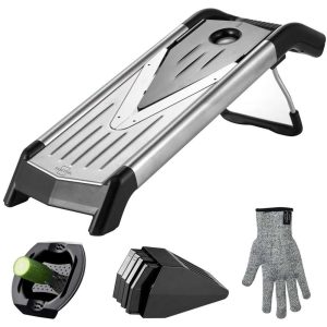 100508 - V-Hobel mit Fingerschutz aus Edelstahl mit 5 Einsätzen und Schutzhandschuh