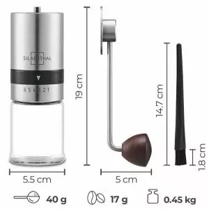 100506 - Kaffeemühle manuell aus Edelstahl und Glas mit hochwertigem Kegelmahlwerk - Maße