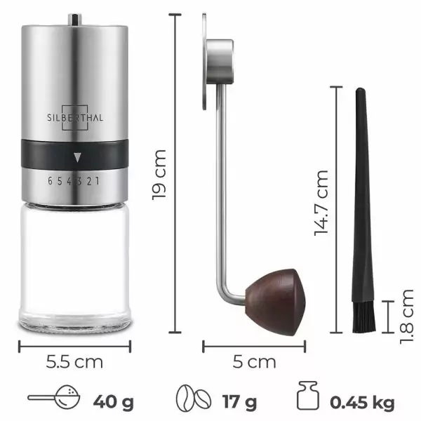 100506 - Kaffeemühle manuell aus Edelstahl und Glas mit hochwertigem Kegelmahlwerk - Maße