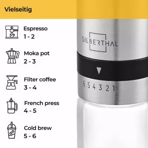 100506 - Kaffeemühle manuell aus Edelstahl und Glas mit hochwertigem Kegelmahlwerk - Einstellungen