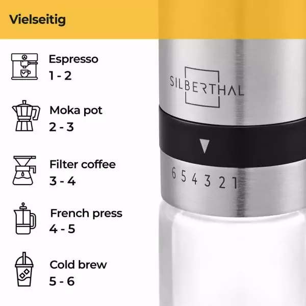 100506 - Kaffeemühle manuell aus Edelstahl und Glas mit hochwertigem Kegelmahlwerk - Einstellungen