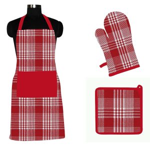 101406 - Set aus Küchenschürze mit Ofenhandschuh und Topflappen in rot und weiß kariert