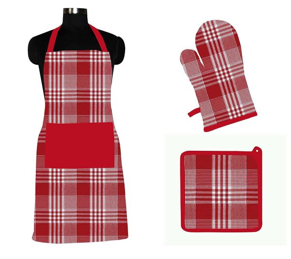 101406 - Set aus Küchenschürze mit Ofenhandschuh und Topflappen in rot und weiß kariert