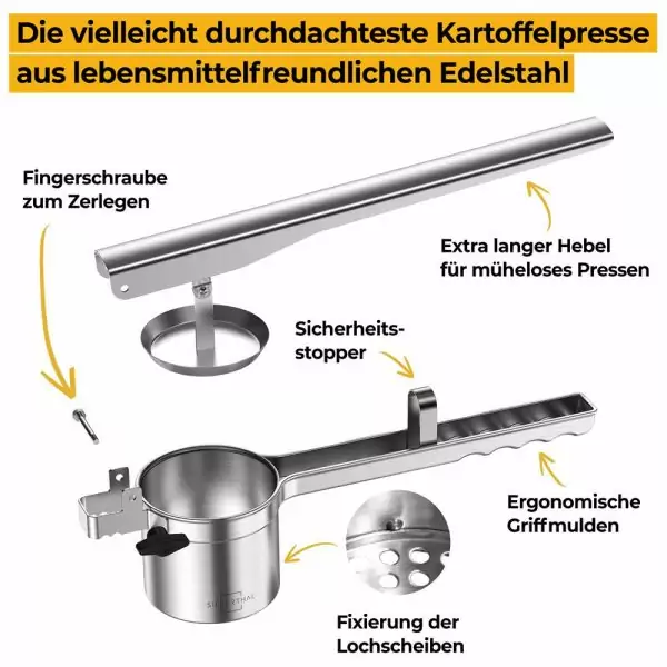 100517 - Kartoffelpresse manuell mit 3 Einsätzen aus Edelstahl - Beschreibung
