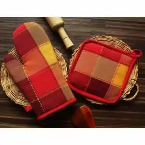 101403 - Set Ofenhandschuh und Topflappen in kariert rot und orange