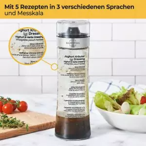 100526 - Dressingshaker aus Glas für 500ml mit aufgedruckten Rezepten - 5 Rezepte