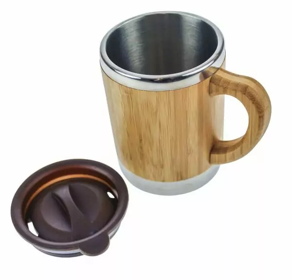 102506 - Thermotasse 280ml mit Deckel aus Bambus und Edelstahl für warme und kalte Getränke mit super Trinkdeckel - zerlegt
