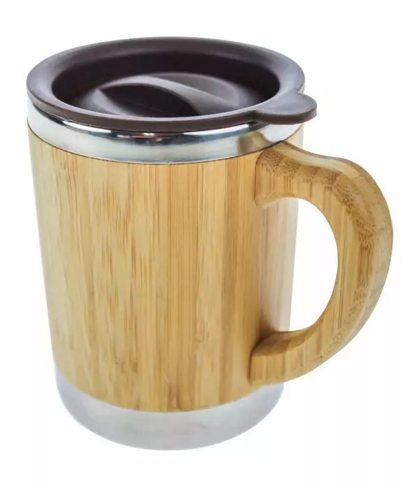 102506 - Thermotasse 280ml mit Deckel aus Bambus und Edelstahl für warme und kalte Getränke mit super Trinkdeckel - zusammengebaut