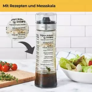 100526 - Dressingshaker aus Glas für 500ml mit aufgedruckten Rezepten - mit Rezepten und Messskala
