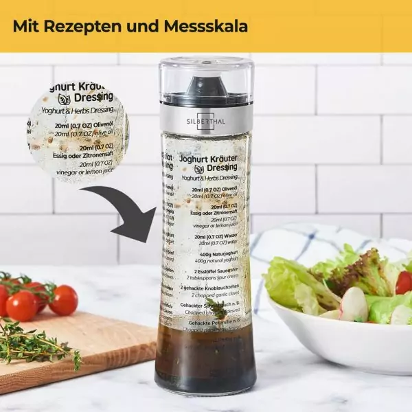 100526 - Dressingshaker aus Glas für 500ml mit aufgedruckten Rezepten - mit Rezepten und Messskala