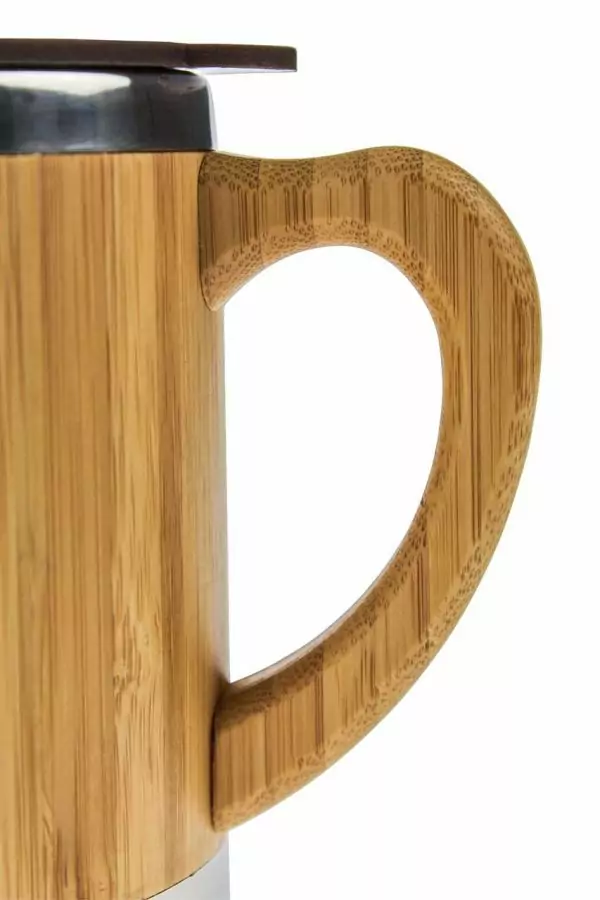 102506 - Thermotasse 280ml mit Deckel aus Bambus und Edelstahl für warme und kalte Getränke mit super Trinkdeckel - Griff