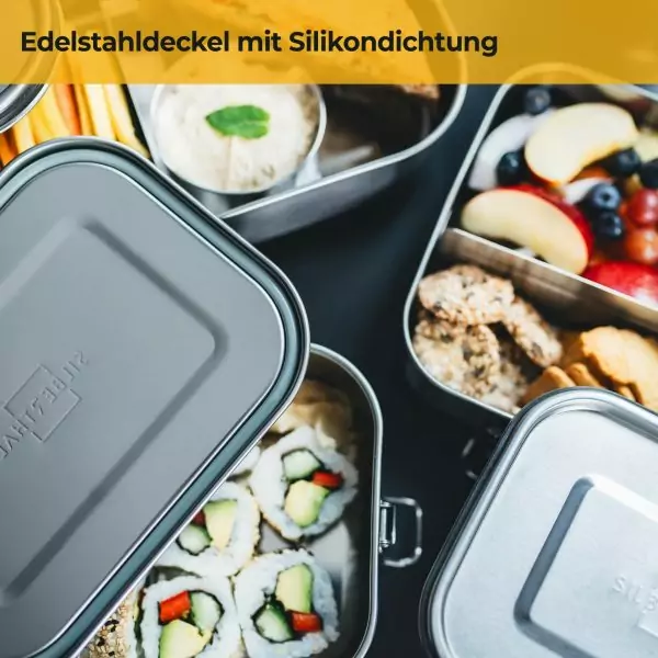 100523 - Brotdose mit Trennwand aus Edelstahl in verschiedenen Größen - Edelstahldeckel mit Silikondichtung