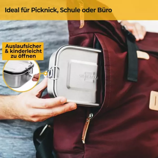 100523 - Brotdose mit Trennwand aus Edelstahl in verschiedenen Größen - für Picknick, Schule oder Büro