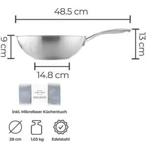 100533-Induktionswok Ø 28cm aus Edelstahl mit Anti-Haftbeschichtung - Maße