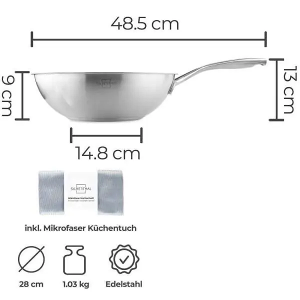100533-Induktionswok Ø 28cm aus Edelstahl mit Anti-Haftbeschichtung - Maße