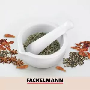 103246-Küchenmörser mit Stößel aus Porzellan und Mörser mit Ausgießer - mit Gewürzen