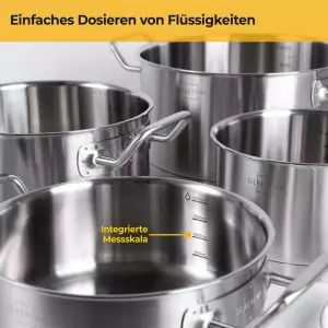 100534-Induktionskochtopf Set 7-teilig aus Edelstahl mit Glasdeckel und Mikrofasertuch sowie Topfuntersetzer - mit Messskala für einfaches Dosieren