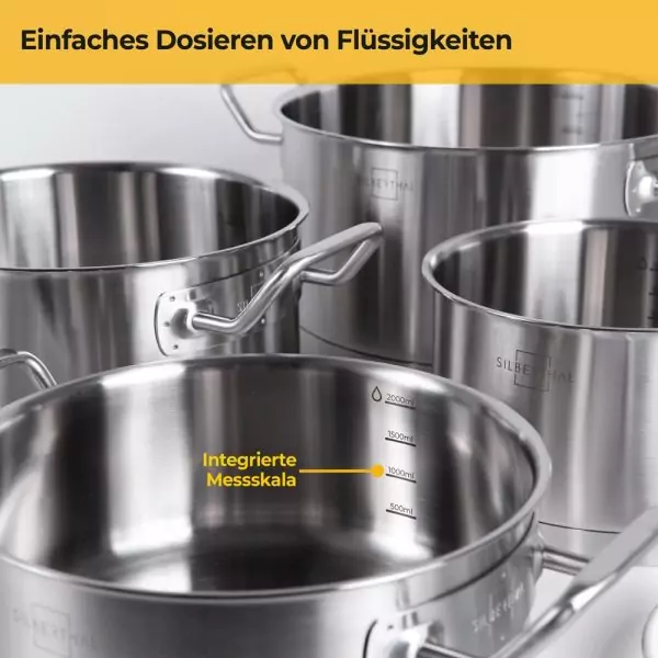 100534-Induktionskochtopf Set 7-teilig aus Edelstahl mit Glasdeckel und Mikrofasertuch sowie Topfuntersetzer - mit Messskala für einfaches Dosieren