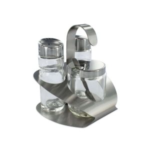 103217-Salz und Pfeffer Menage mit Senfglas und kleinem Löffel