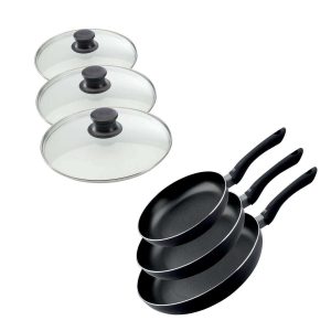 102814-Bratpfannen Set mit Deckel aus 3 Bratpfannen mit 20, 24, und 28 cm und 3 Glasdeckeln