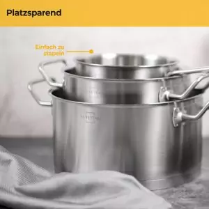100534-Induktionskochtopf Set 7-teilig aus Edelstahl mit Glasdeckel und Mikrofasertuch sowie Topfuntersetzer - platzsparend stapelbar