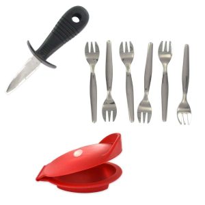 103227-Austern Set 8-teilig zum einfachen und sicheren Halten, Öffnen und Essen von Austern bestehend aus einem Austernmesser, einem Austernkeil und einem 6er Set Austerngabeln