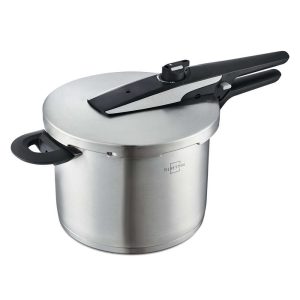100536-Schnellkochtopf 6L bis 120 Grad mit 2 Einlagen für alle Herdarten und mit stufenlos regulierbarer Druckstufe.