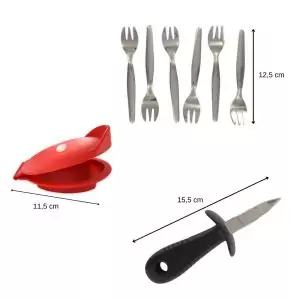 103227-Austern Set 8-teilig zum einfachen und sicheren Halten, Öffnen und Essen von Austern bestehend aus einem Austernmesser, einem Austernkeil und einem 6er Set Austerngabeln - Maße