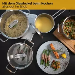 100534-Induktionskochtopf Set 7-teilig aus Edelstahl mit Glasdeckel und Mikrofasertuch sowie Topfuntersetzer - mit Glasdeckel alles im Blick behalten