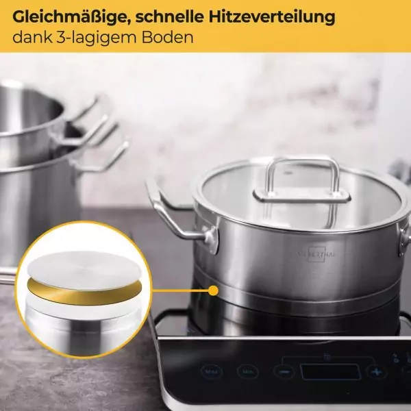 100534-Induktionskochtopf Set 7-teilig aus Edelstahl mit Glasdeckel und Mikrofasertuch sowie Topfuntersetzer - gleichmäßige schnelle Hitzeverteilung