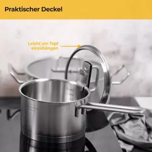 100534-Induktionskochtopf Set 7-teilig aus Edelstahl mit Glasdeckel und Mikrofasertuch sowie Topfuntersetzer - einhängbarer Deckel