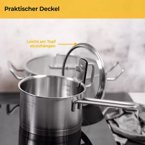 100534-Induktionskochtopf Set 7-teilig aus Edelstahl mit Glasdeckel und Mikrofasertuch sowie Topfuntersetzer - einhängbarer Deckel