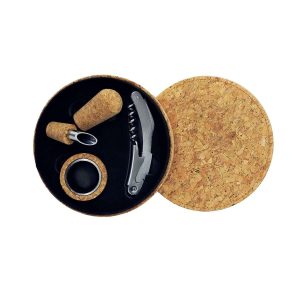 103214-Weinflaschen Set mit Korkdose 3-teilig mit Korkenzieher, Tropfkragen und Weinverschluss