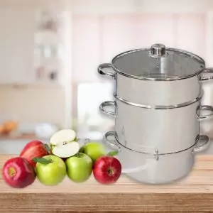 102811-Edelstahl Dampfentsafter groß mit 26 cm Durchmesser für bis zu 7 Liter Obst und max. 2,5 Liter Saft - mit Obst