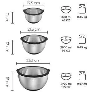 100530 - Schüsseln mit Deckel Set aus Edelstahl mit 3 Schüsseln von 4,7L, 2,8L und 1,4L - Maße