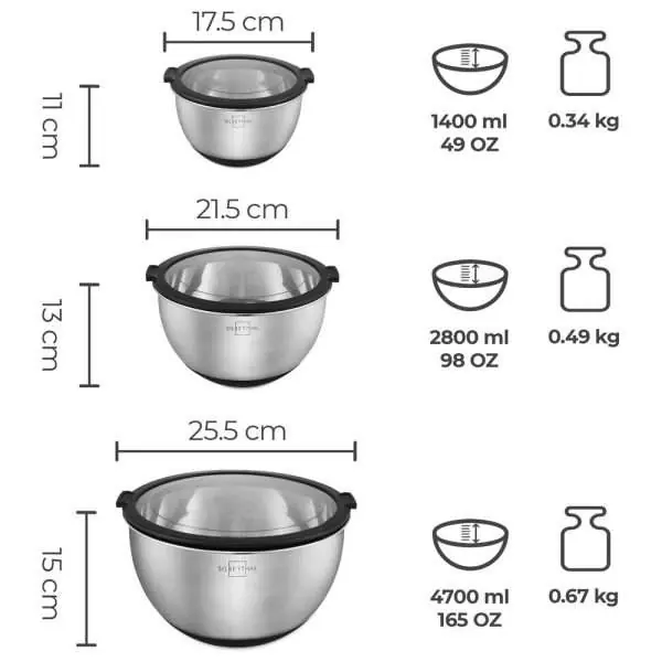 100530 - Schüsseln mit Deckel Set aus Edelstahl mit 3 Schüsseln von 4,7L, 2,8L und 1,4L - Maße