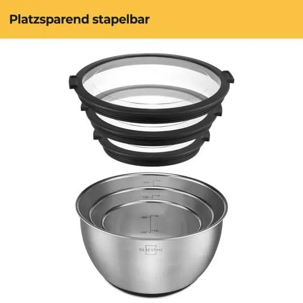 100530 - Schüsseln mit Deckel Set aus Edelstahl mit 3 Schüsseln von 4,7L, 2,8L und 1,4L - platzsparend stapelbar