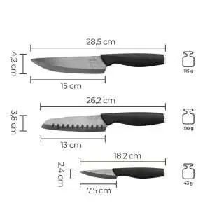 100531 - Keramik Küchenmesser Set bestehend aus einem Chef- & Schäl- & Santokumesser - Maße
