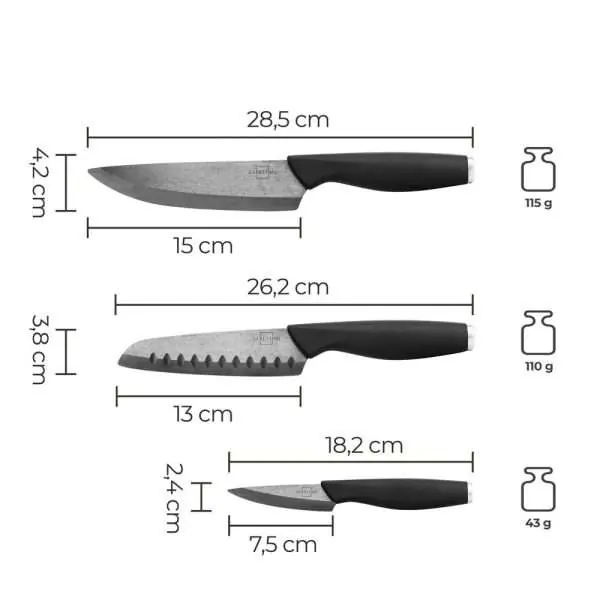 100531 - Keramik Küchenmesser Set bestehend aus einem Chef- & Schäl- & Santokumesser - Maße